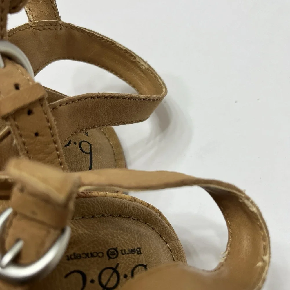 b.ø.c By Born Wedge Floral Cork Sole Sandals Brown Leather Cross Straps 6.5